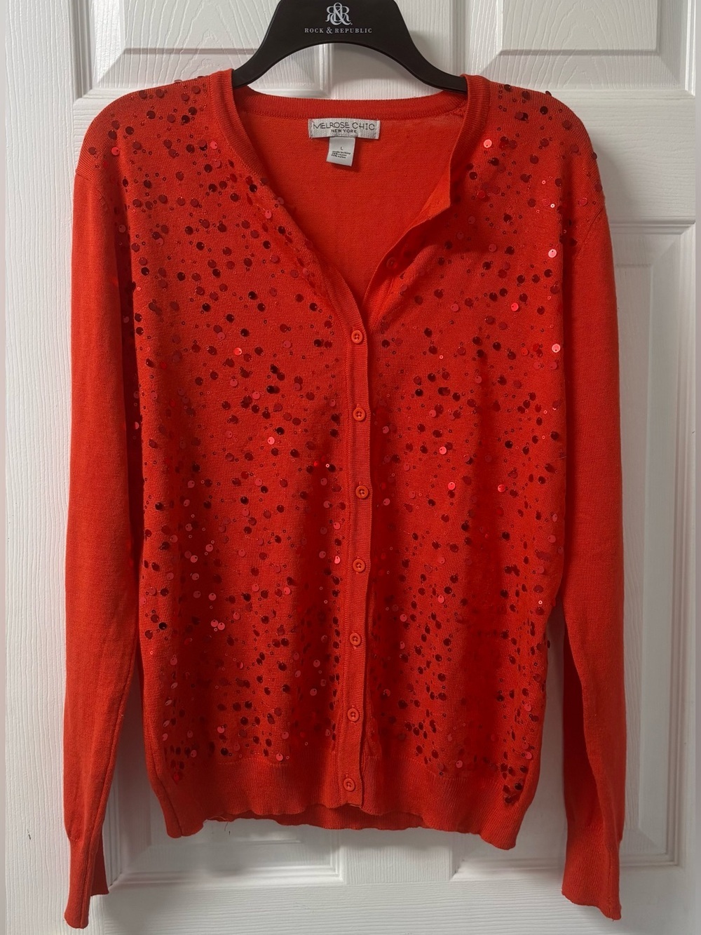 Melrose Chic Red Sequin Button-Front Sweater Women’s Size Large